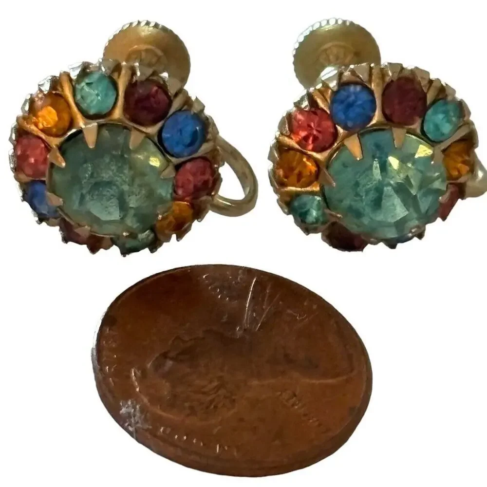 VTG CORO MULTICOLOR RHINESTONE GOLD PRONG SCREW BACK EARRINGS SIGNED